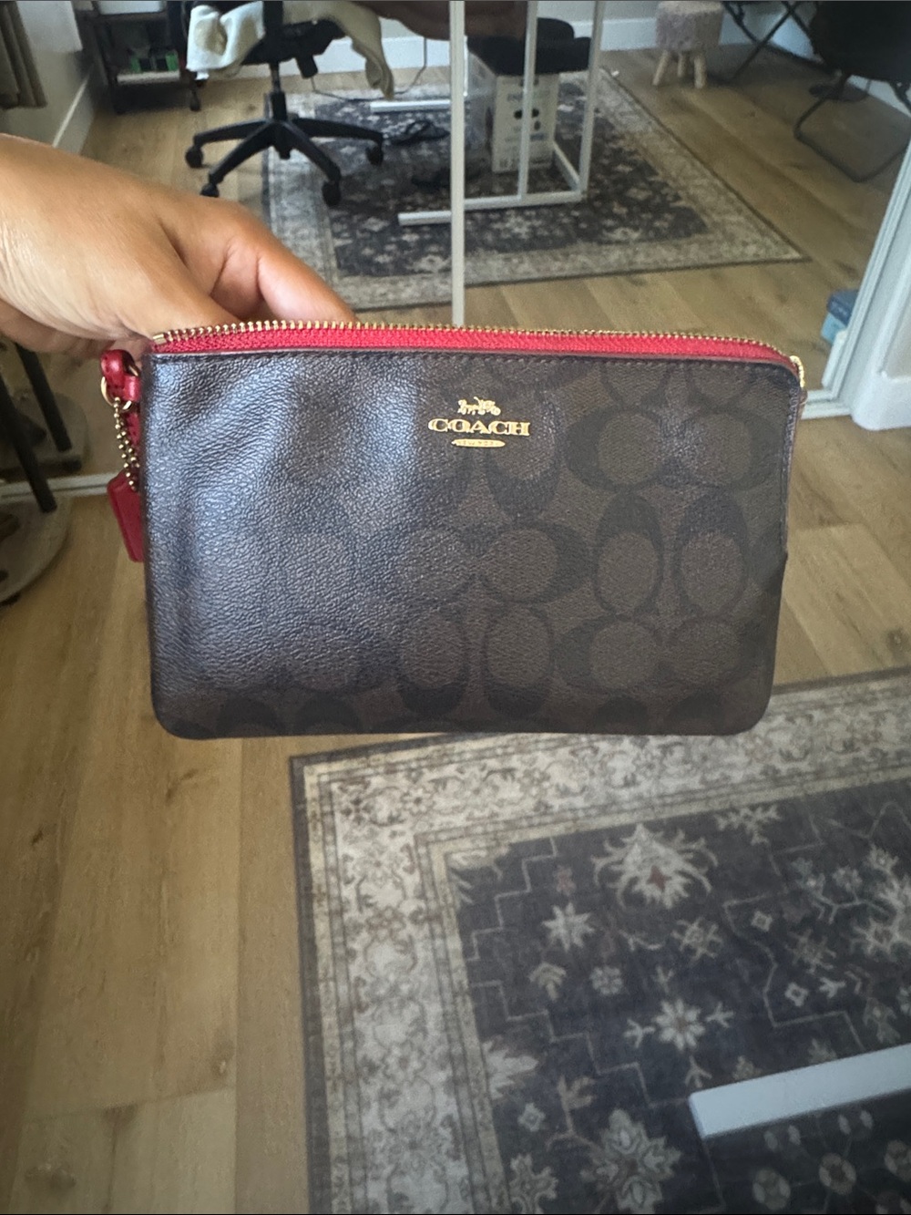 Coach Brown Signature Canvas Wristlet with Red Zip
